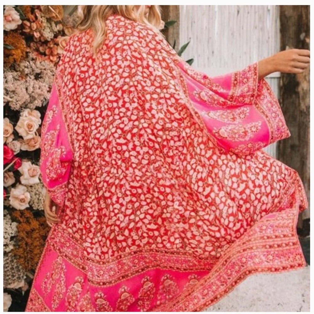 Boho PinkRed floral maxi long kimono beach coverup- L/XL - Picture 8 of 8